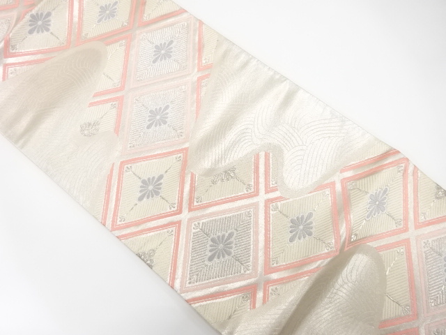 JAPANESE KIMONO / ANTIQUE FUKURO OBI / SILK / WOVEN STREAM & RHOMBUS & FLOWERS